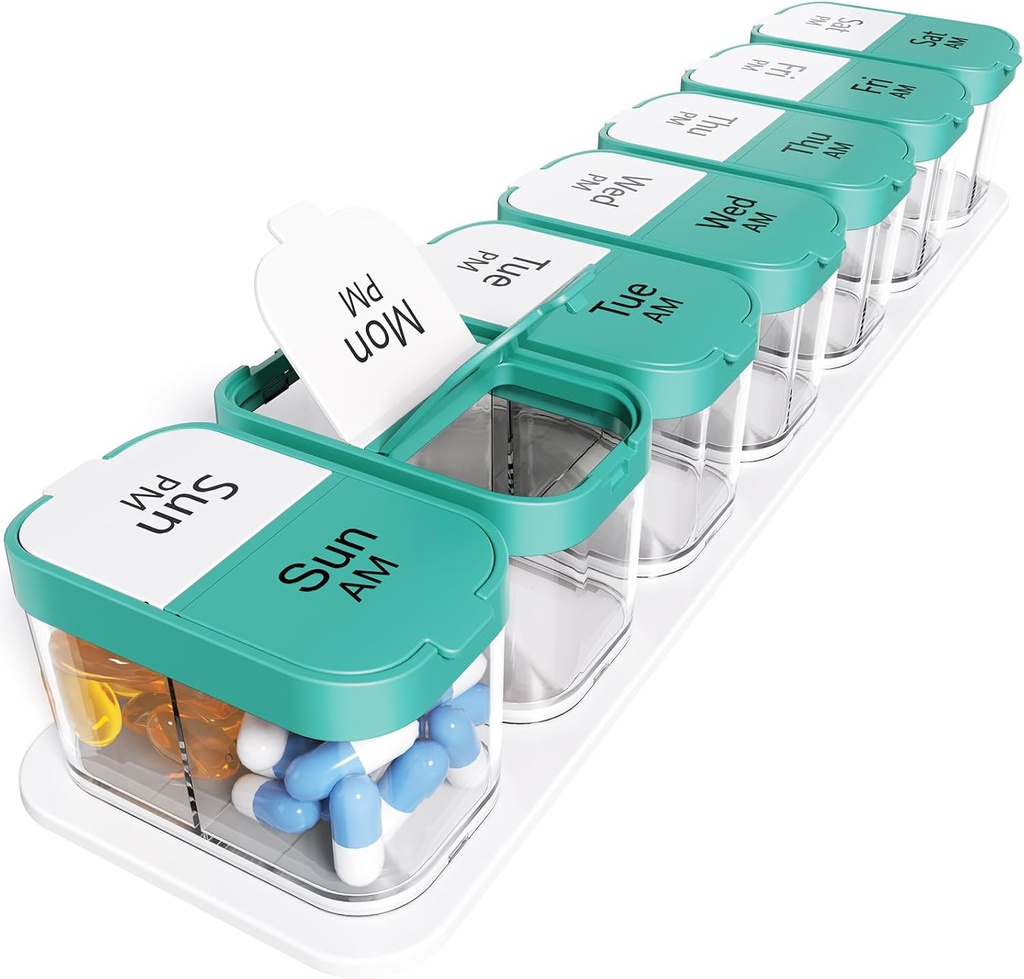 Odaro Ekstra Large Weekly Pill Organizer 2 Kali sehari, Pill Box 7 Day Am Pm untuk menahan Daily Medicine Vitamin dan Suplemen - Cyan