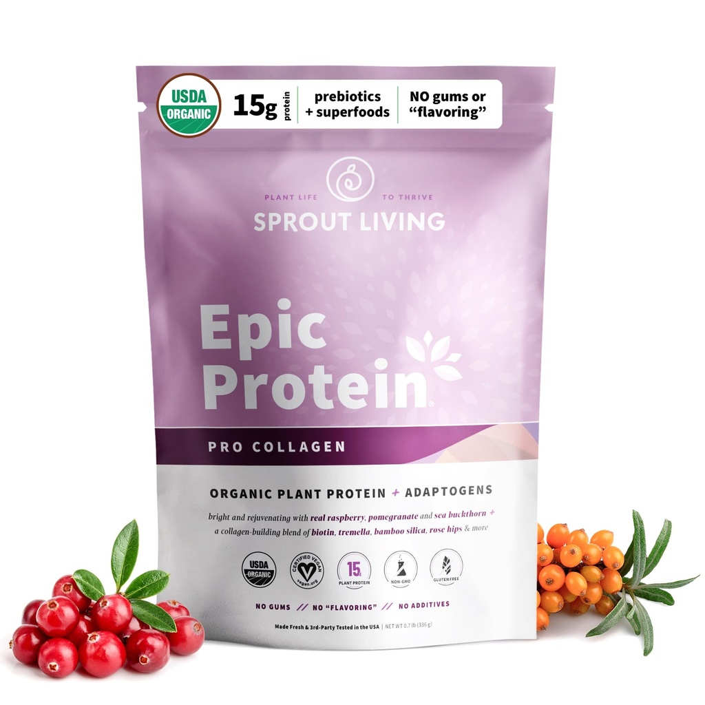 Sprout Living Epic Protein, Tanaman berbasis Protein & SuperFoods Powder, Pro Collagen, Berry 124; 15 Grams Powder Organik, Vegan, Non Dairy, Non- GMO, Gluten Free, Low Sugar (0.7 Pound, 12 Pegawai)