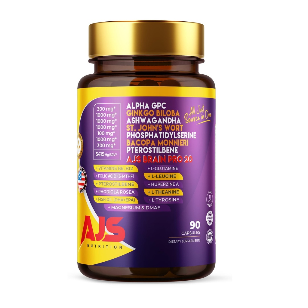 AJS Alpha GPC Nootropic Brain Supplement, Phoshatidlyserine, St. John Wort Biloba, Ashwagandha, Basopa Monnieri, Pterostilbene, Magnesium Glycinate, Ginkgo Biloba, 5- MTHF, Huperzine A 60CT, 90 kapsul
