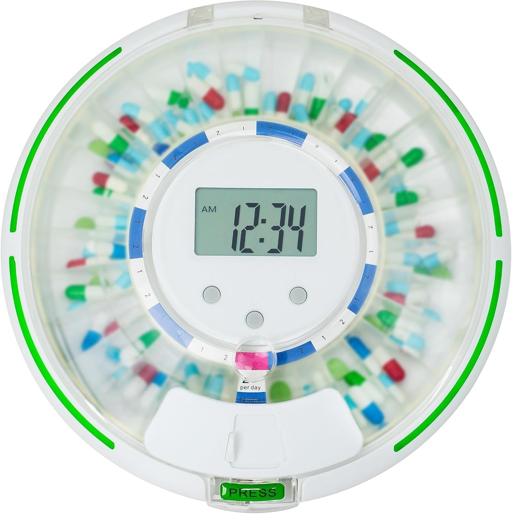 Automatic Pill Dispenser Averlock 28- Day Medication Organizer, Hingga 6 Doses Per Day, 6 Dosage Templat, Sound & Light Alerts & Key for Vitamin, Suplemen (Frosted Lid)