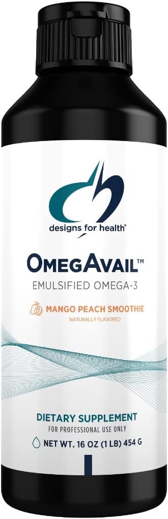 Design for Health Omegavail Smoothie - Omega 3 TG Triglyeride Fish Oil Emulsion with DHA + EPA - Liquid Suplemen untuk Cardiovascular + Brain Dupport, Mango Peach Flavor (43 Service / 16oz)