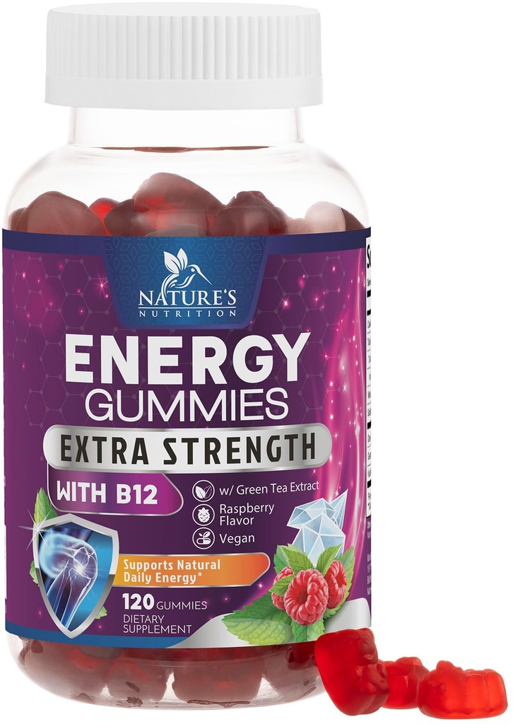 Gummies Energi 1000mcg - dengan Vitamin B12, Green Tea Natural Caffeine Dukungan, Daily Energy Gummies - Delicious Berry Flavor B12 Exercise Chelable Suppplement for Running Cycling & Sports - 120 Chews