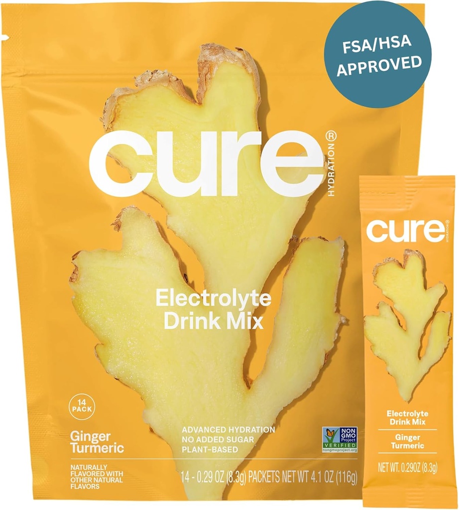 Cure Hidration 14; Plant-Based Electrolyte Drink Mix 124; No Added Sugar 14; FSA-HSA 124; Dehydration Relief Pouder Made with Coconut Water 124; Non-GMO 124; Vegan 124; Powts of 14 Packet - Ginger Turmeric
