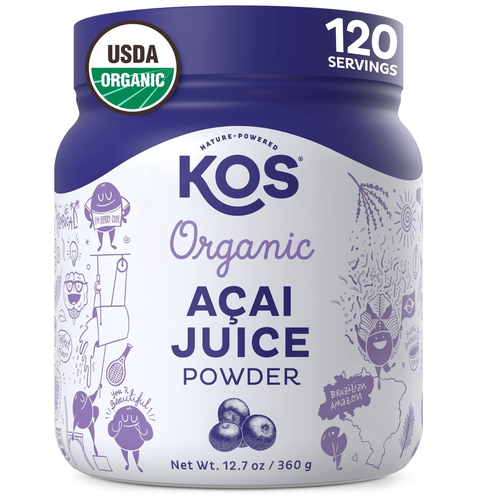 KOS Organic Acai Juice Powder - USDA Certified Organic, Plant Based Superfood Antioksidants, Superberry from Brazil, Great for Smoothies and Bowls, 0g Sugar, Vegan, Gluten- Free, Non-GMO - 120 Pelayan