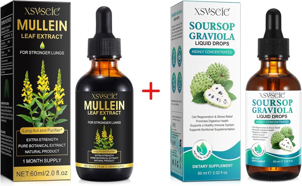 Mulein Drops for Lungs Cleans and Soursop Bitters Liquid, Mullein Extract Taincture with Chlorofil, Soursop Multivitamin Drops, Natural Herbal Suplemen untuk Pria dan Wanita