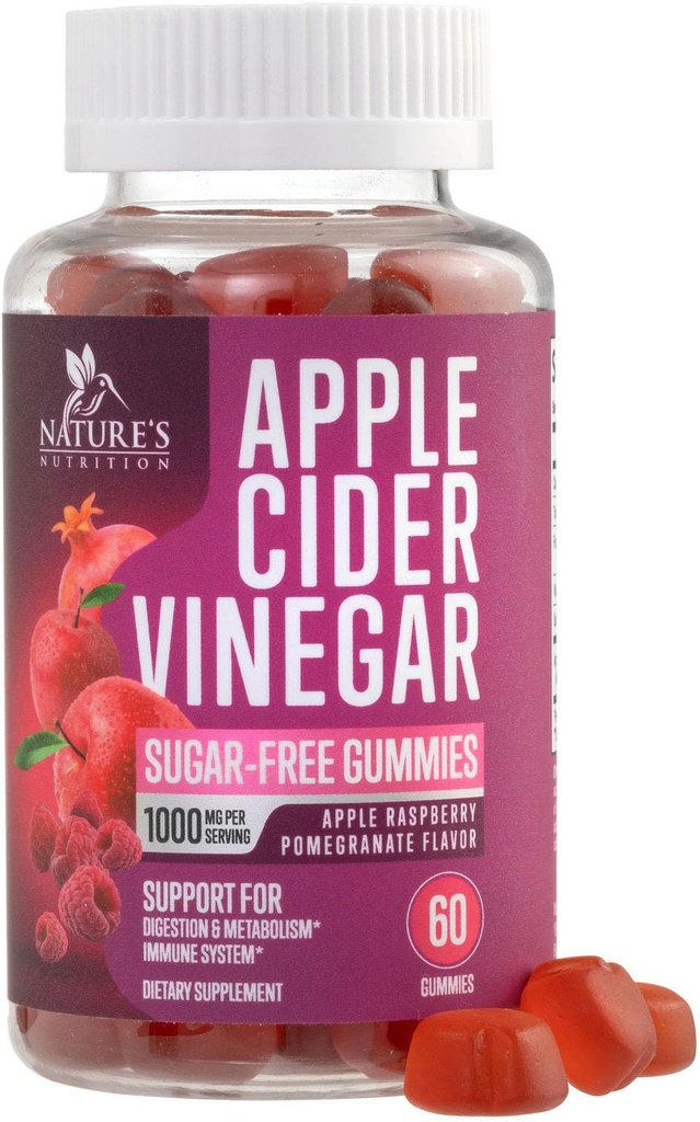 Apple Cider Vinegar Gummies 1000mg per Serving - Sugar Free Max ACV Vitamin Suplement, Formula Lanjutan, Vitamin B12 Supports Metabolisme & Energy, Keto Friendly, Vegan, 60 Gummies