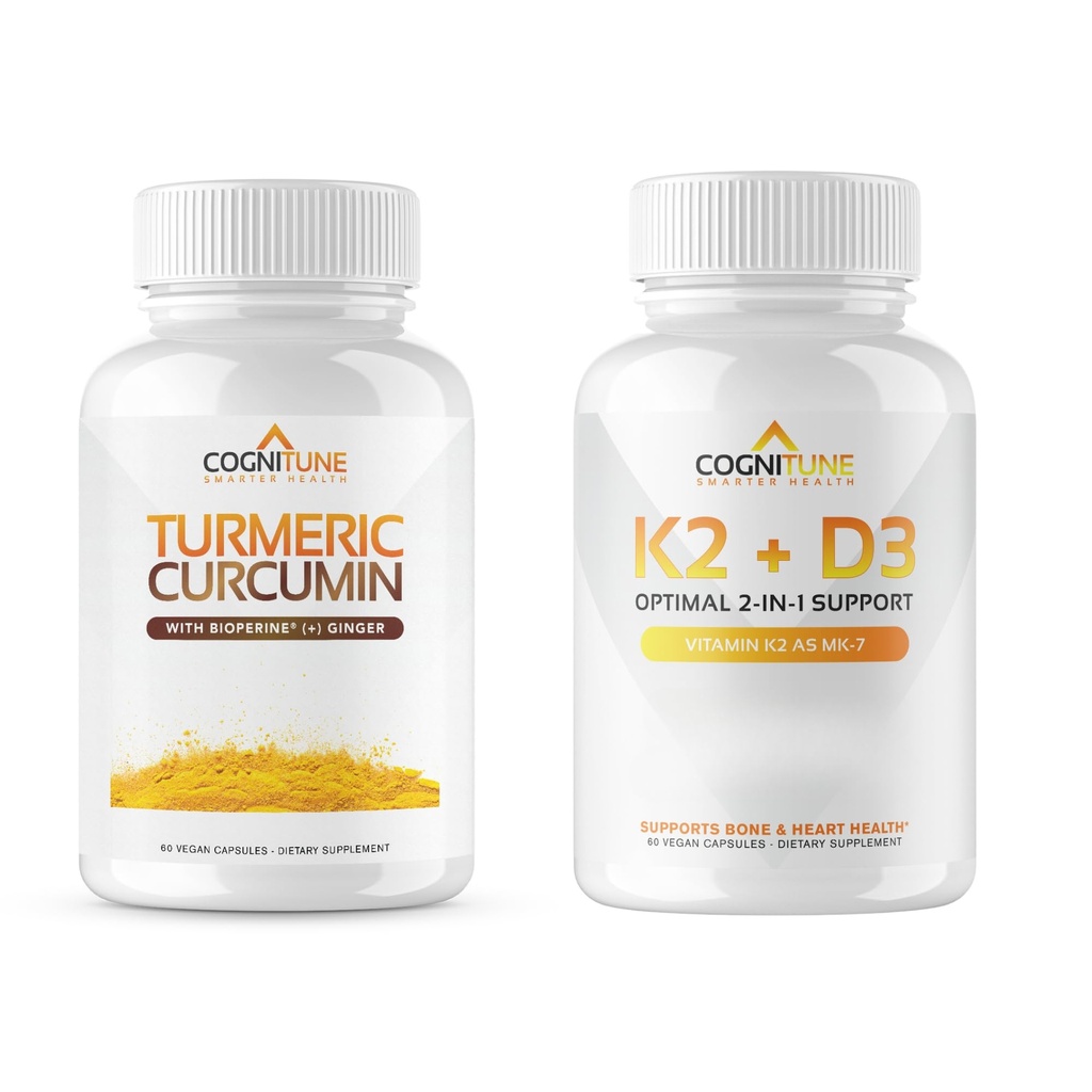 CogniTune Immune & Cardiovascular Dukung Bundle - Vitamin D3 5000IU + Vitamin K2 dengan Curcumin Turmeric & Ginger