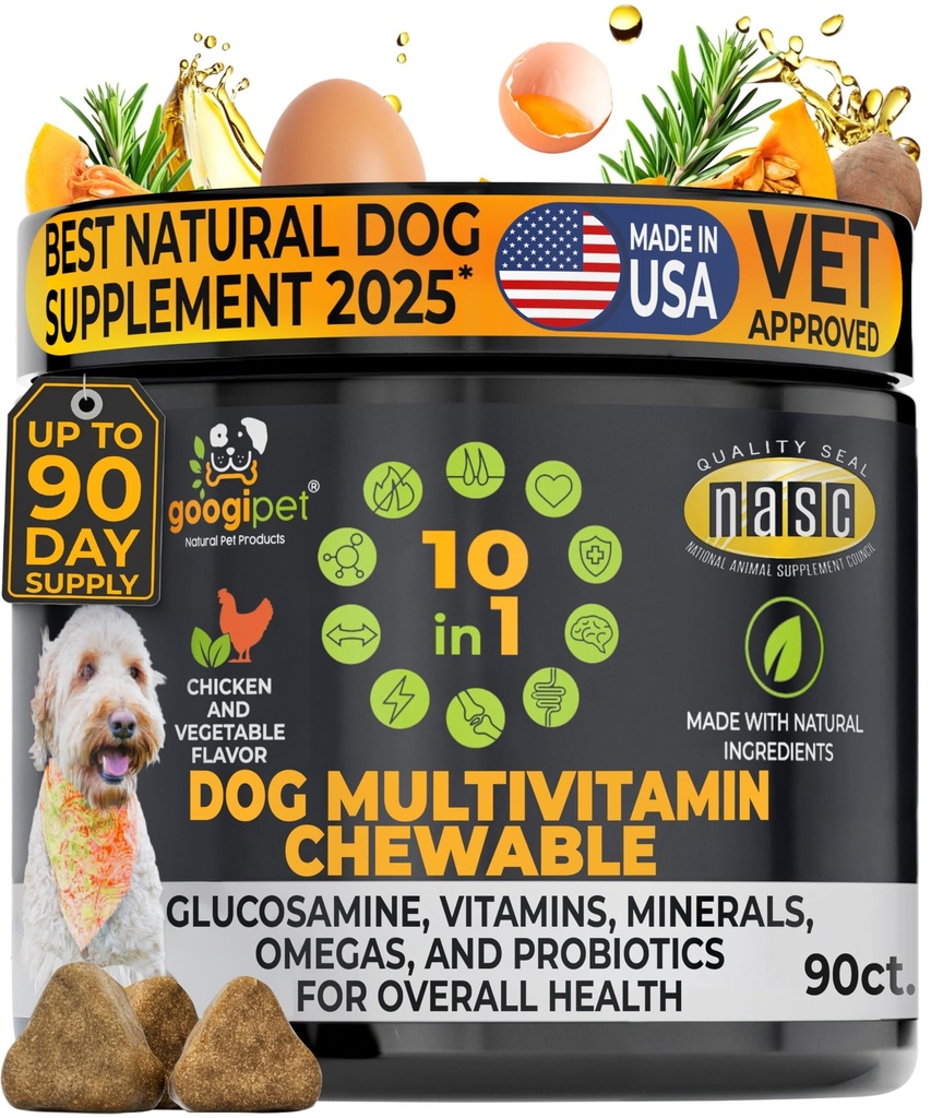 Googipet Premium 10 dalam 1 Dog Vitamin Multivitamin Chewable dengan Progories for Gut Health, Dog Vitamin dan Suplemen / Vitamin C & Glucosamine untuk Dukungan Gabungan (Chicken & Vegetable Flavor)