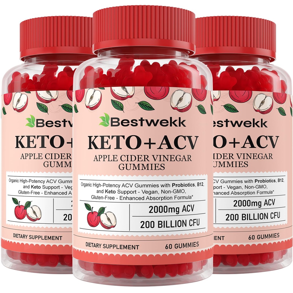 Apple Cider Vinegar Gummies, Max Kekuatan 2000mg ACV Gummy dengan Progities, B12 dan Keto Dukungan, Untuk Dibuffic, Metabolisme, Detox, Gut & Imune Kesehatan, Ganatin - Free, Non-GMO, 180 kev gummies