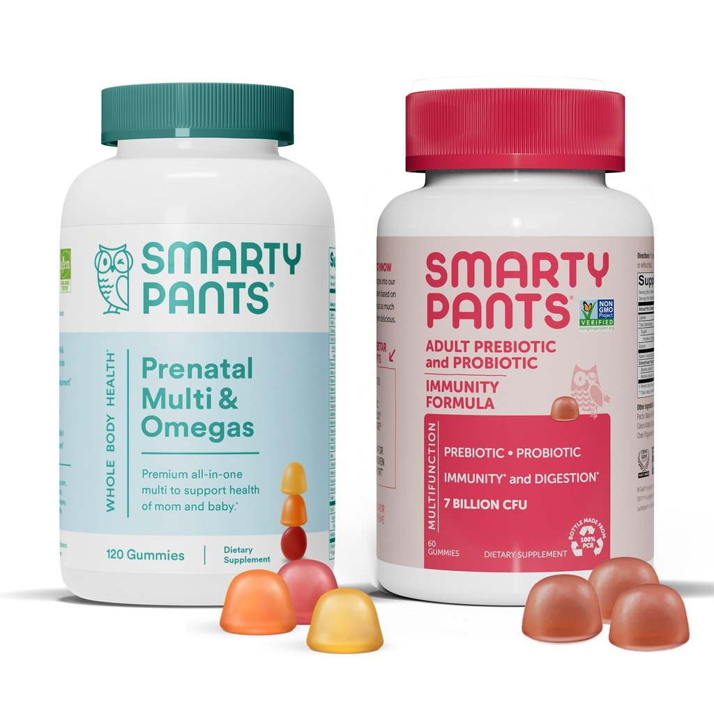 SmartyPants Prenatal Multivitamin dan Probiotic Immunity Bundle: Omega 3 Fish Oil (EPA / DHA), Biotin, Methylfolat, Vitamin D3, C, Digetical & Imune Suppport (30 Hari Suppply)