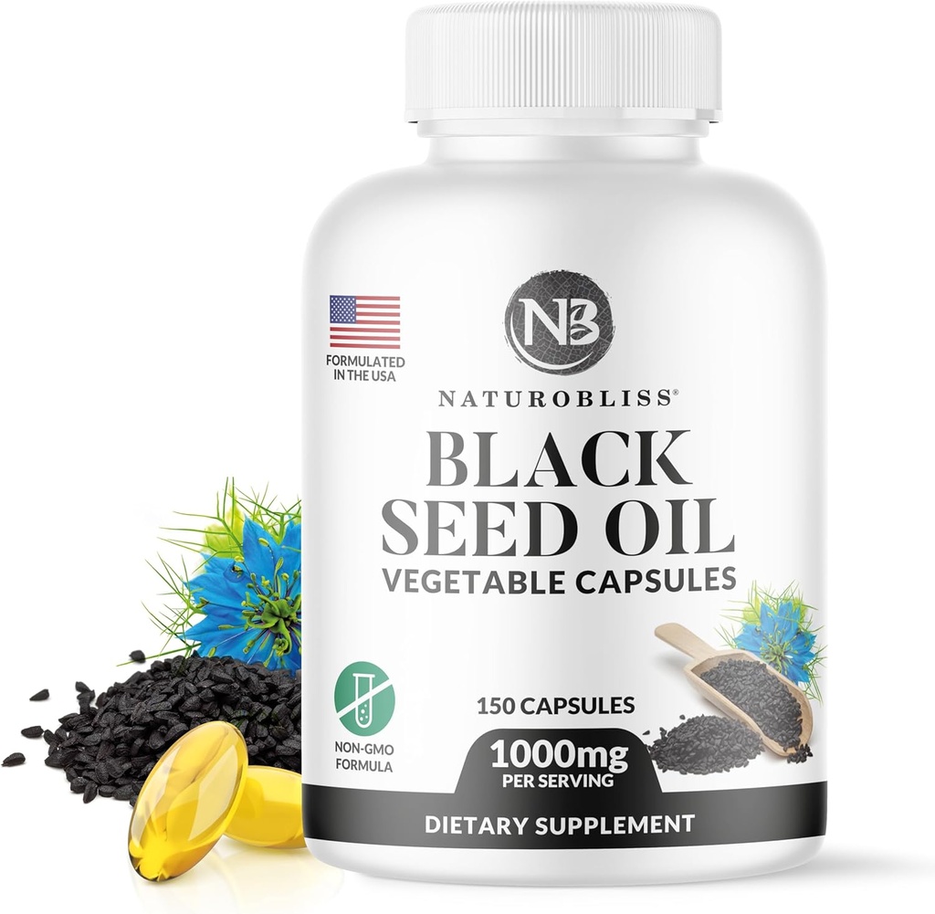 NaturoBliss Black Seed Oil - 150 Softgel Capsules Skin Kesehatan (Non- GMO & Vegan) Premium Cold- Menekan Nigella Sativa Membentuk Cumin Hitam Murni Minyak Benih - 100mg Per 2 Capsule Serving - 75 Serving