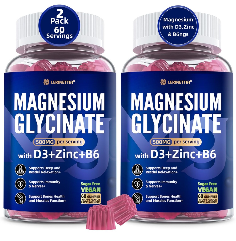 Magnesium Glycinate 500mg / 250mg untuk Remaja Dewasa - ditambah D3, B6 & Zinc - Magnesium Glycinate Gummies, Absorpsi Tinggi - Dukungan untuk Relaxation, Brain, Bone & Imunity Kesehatan - Sugar Free - 120Cts