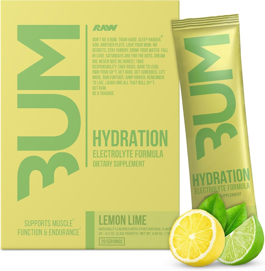RAW Electrolytes Powder Hidration Drink Mix Packet, Bum Hydrate (Lemon Lime, 20 Pelayan)