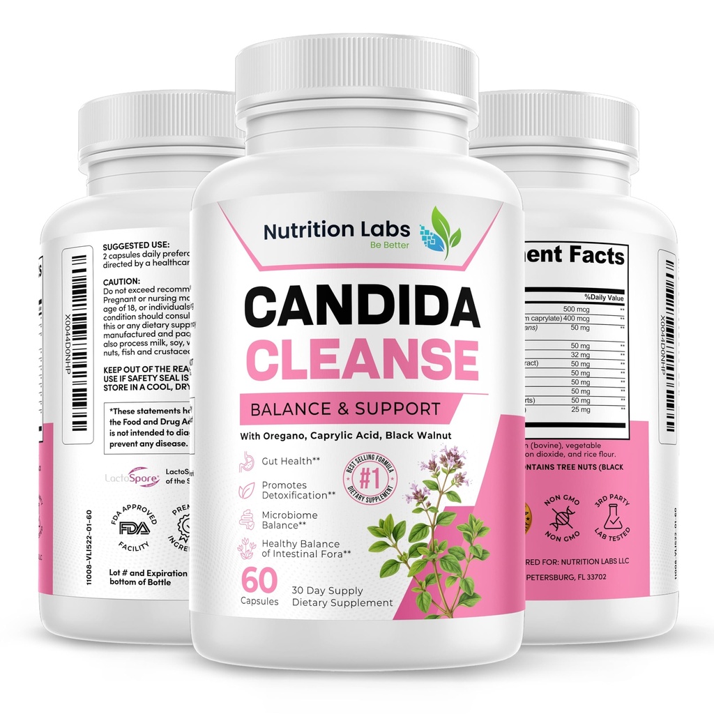 Candida Cleanse Suplemen Keseimbangan & Dukungan, Candidase Detox, Perempuan & Pria. Laktospore ® Provinsi. AntiYeast Overgrowth W / Oregano, Caprylic Acid