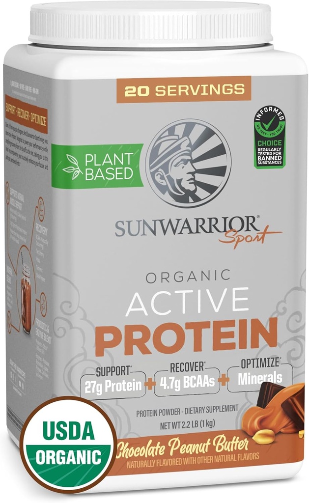 Sunwarrior Organic Plant Based Protein Powder 124. Vegan Organic Protein Pounder with BCAAs Plus Recovery Minemaricals & Botanicals 126; Non-GMO Soy Dairy & Gluten Free (Chocolate Peanut Butter, 20 Serving)