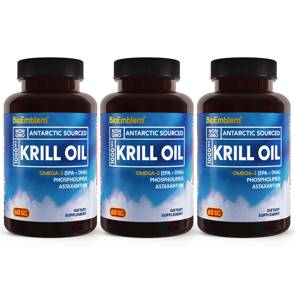 BioEmblem 3 Pack Antarctic Krill Oil 1000mg Softgels, Omega-3s Oil dengan Tinggi Levels EPA + DHA, Astaxanthin, dan Phospholipids, Mempersiapkan Kesehatan Otak, 180-Count Non-GMO, Gluten Free, 90 Hari Tambahan