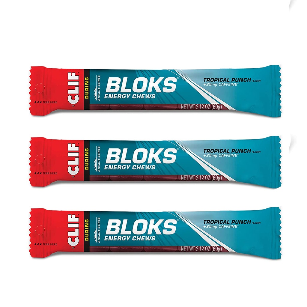 CLIF BLOKS - Energy Chews - Tropical Punch with 25 mg Caffeine- None-GMO - Plant Based Food - Fast Fuel for Cycling dan Run-Workout Snack (2.1 Ounce Packet, 3 Count)