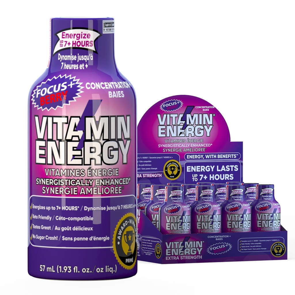 Vitamin Energy Focus + Extra Energy Shot Berry 12 Pack, 260mg Natural Caffeine, B-Vitamin, CoQ10, Amino Acids, Focus, Produtivitas & Kejelasan, Nol Gula, Gluten- Free, 1.93 fl oz