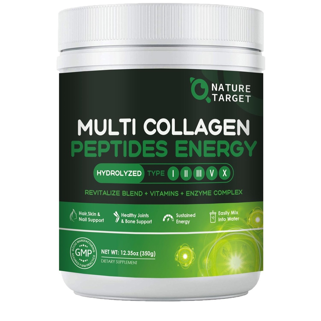 NATURE TARGET Multigens-Peptide- Powder - Hydrolyzed Collagen with Energy Blend + Multivitamin & Mineral, Mendukung Energi Skin Hair Nail & Gabungan, Non-GMO, 35 Servis