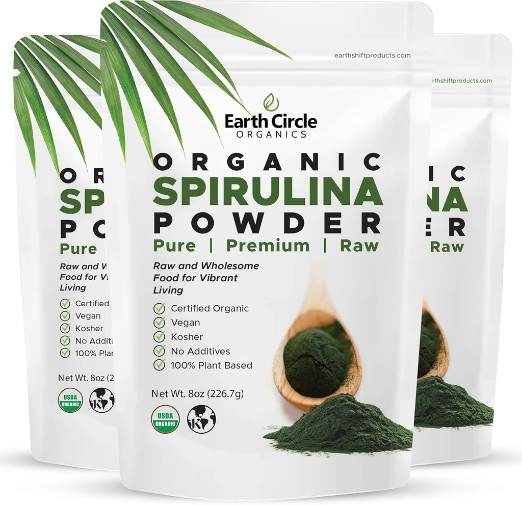 Bumi Circle Organics Spirulina Powder, Kosher, Raw dan None-Irradiated 124; Murni Vegan Protein 124; Premium Energi Superfood, Amino Acids dan Antioksidants - (8oz - 3 Pack)