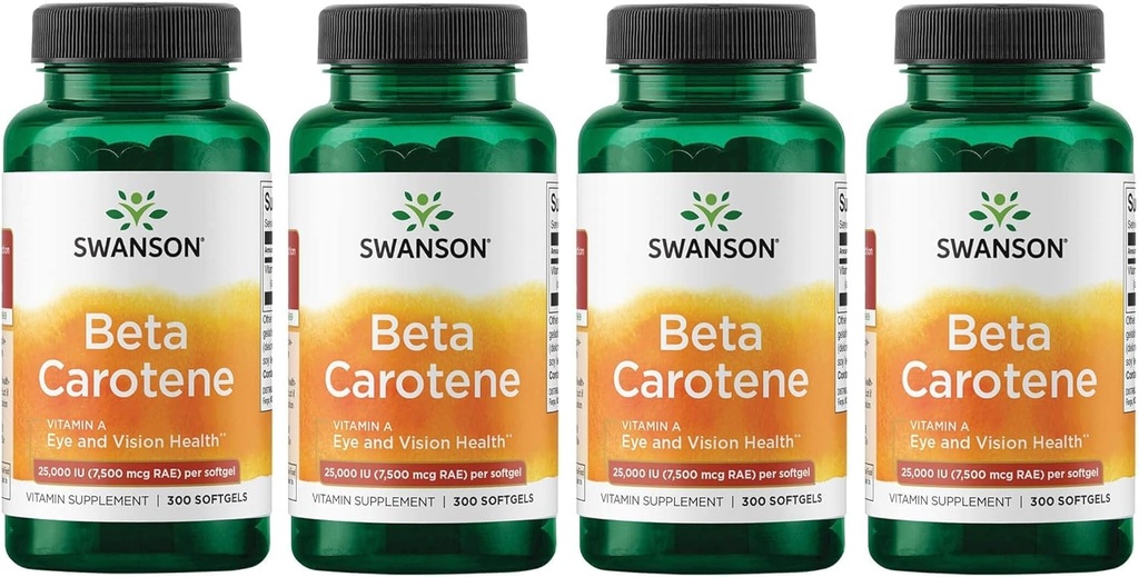 Swanson Beta- Carotene Vitamin A 25000 IU Softgels - Skin, Eye, and Immune System Health - Antioksidant Dukungan - 7500 mcg (300 Softgels) (4 Pack)