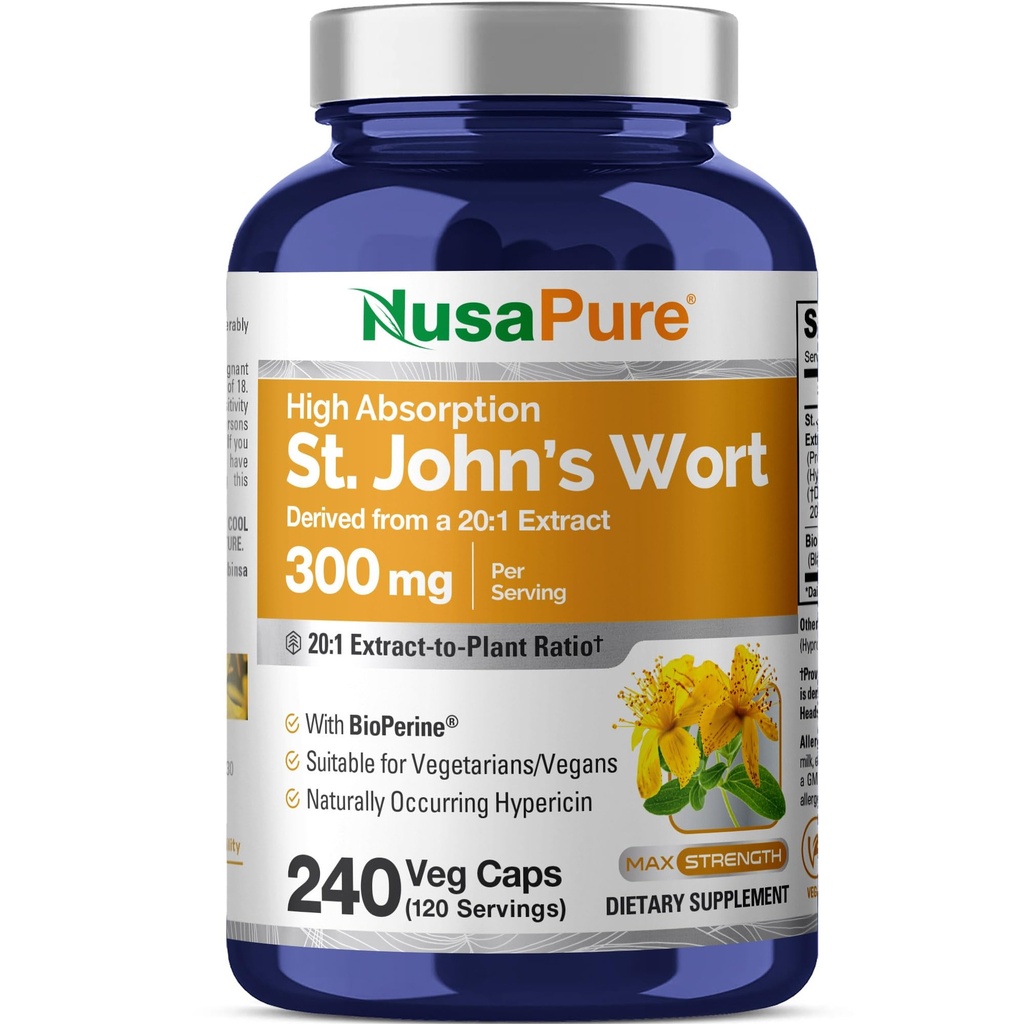 NusaPure St John 's Cort 20: 1 Ekstrak, 300 mg Equilial ke 600mg 240 Veggie Capsules (Vegetarian, Non- GMO) Bioperin