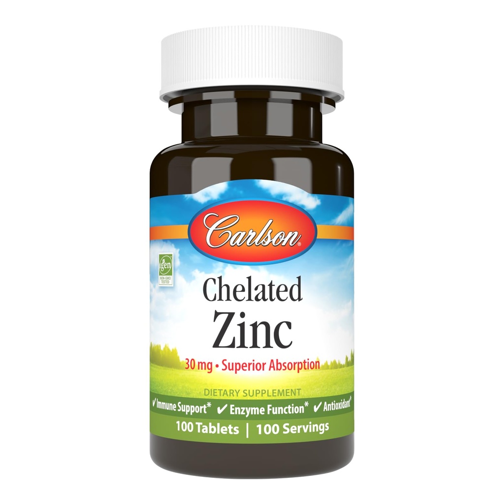 Carlson - Cheleated Zinc, 30 mg - Absorpsi Superior, Dukungan Imune & Enzyme Fungsi, Antioksidant, 100 tablet