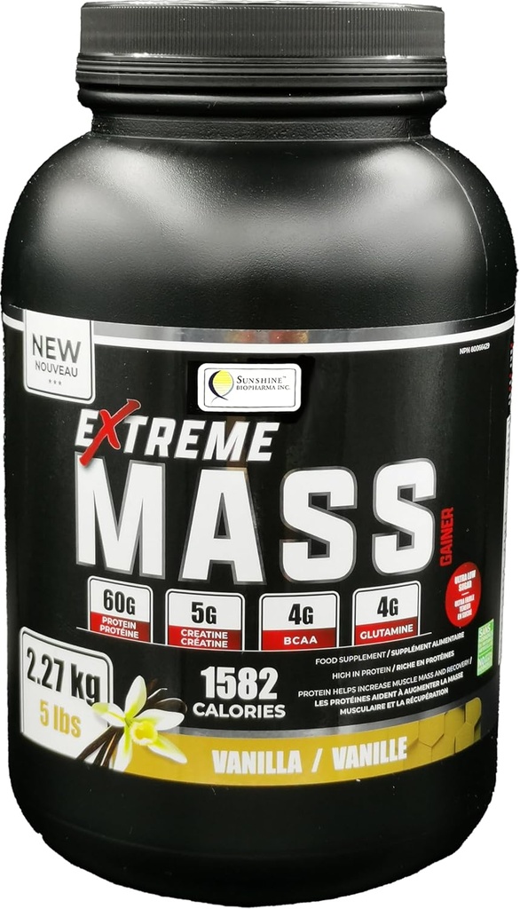 Extreme Mass Gainer Muscle Builder, 5 lb (2.27 kg) Low Sugar High Calories for Intense Workouts (Vanilla)