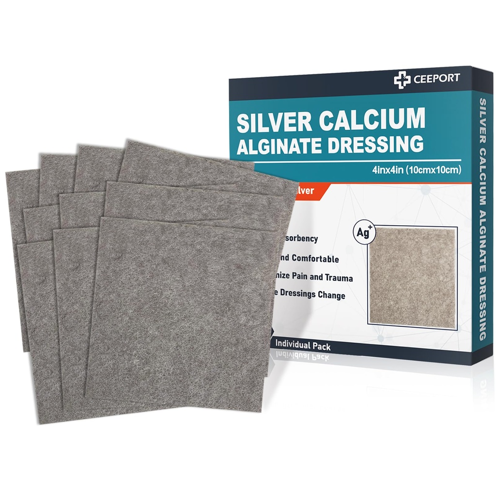 Ag Silver Calcium Alginate Wound Dressing Pades, 4 "x4" Patch, 10 Individual Pack, Soft Silver Dressings for Wound Care, Gentle Alsorbent Dressing, Non Stick Gauze Pads for Wounds