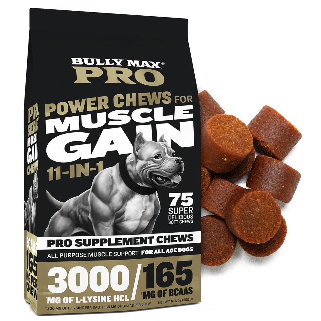 Bully Max 11-in- 1 Muscle Gain Power Chews - High Protein Dog Suplemen dengan Acids - Obat Sehat untuk Anjing Puppy & Dewan - Premium Pembangun Otot untuk Semua Breeds - 75 Tasty Soft Dog Chews