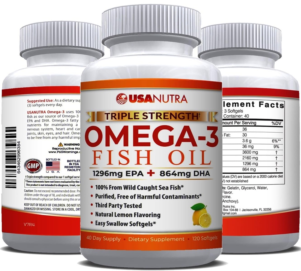 Tambahan Minyak Ikan Omega 3 3600mg dengan EPA dan DHA untuk Perempuan dan Pria Dukungan Gabungan, Otak dan Kesehatan Jantung 120 Suftgel, Persediaan 40 Hari