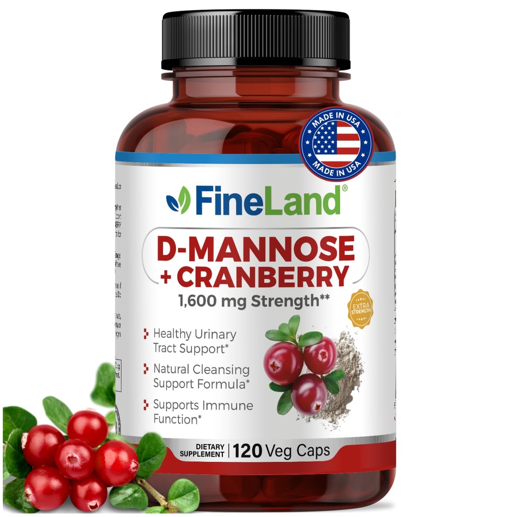 FineLand D-Mannose + Cranberry - 1600mg per Serving - 120 Vegan Capsules - Urinary Tract & Bladder Health Support - Non-GMO, Gluten- Free, Made in USA