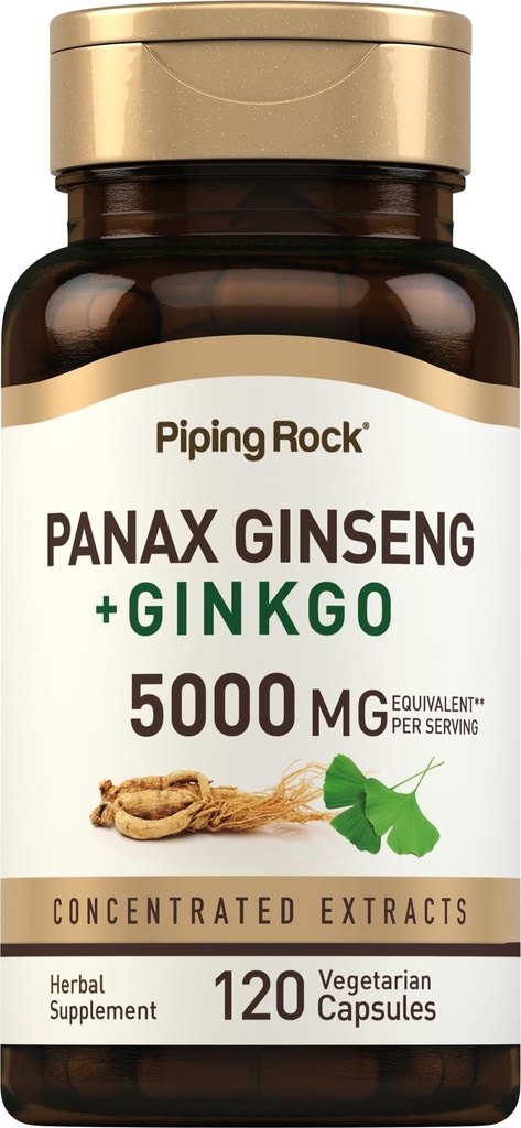 Piping Rock Panax Ginseng & Ginkgo Biloba Suplemen 124; 5000 mg 124; 120 Capsules 124; dengan Black Pepper Extract 124; Vegetarian, Non-GMO, dan Gluten Free Suplemen
