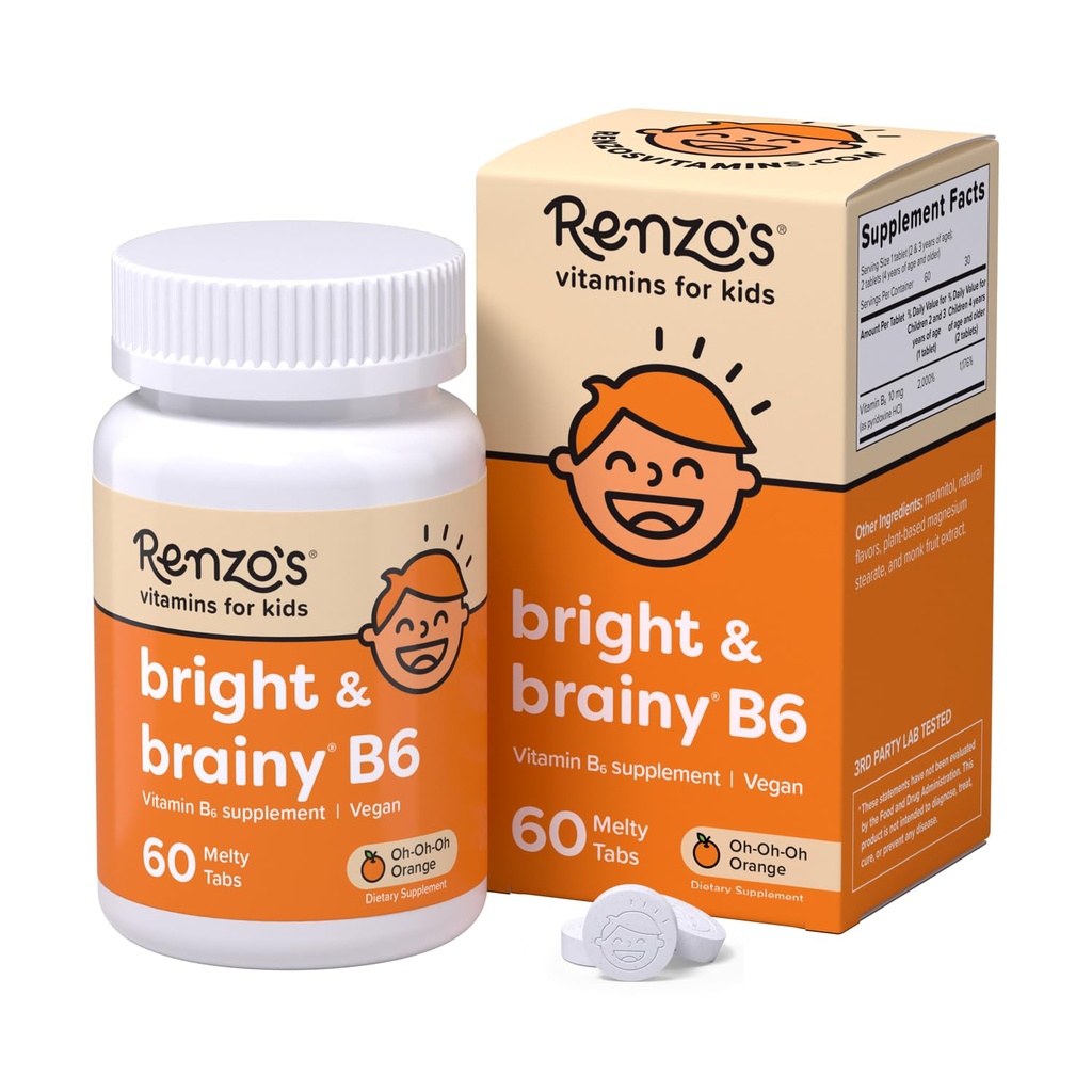 Renzo 's Bright & Brainy Vitamin B6, Dissoling Kid Vitamin B6, 60 Sugar- Free Melty Tab, Oh Oh Orange Flavored