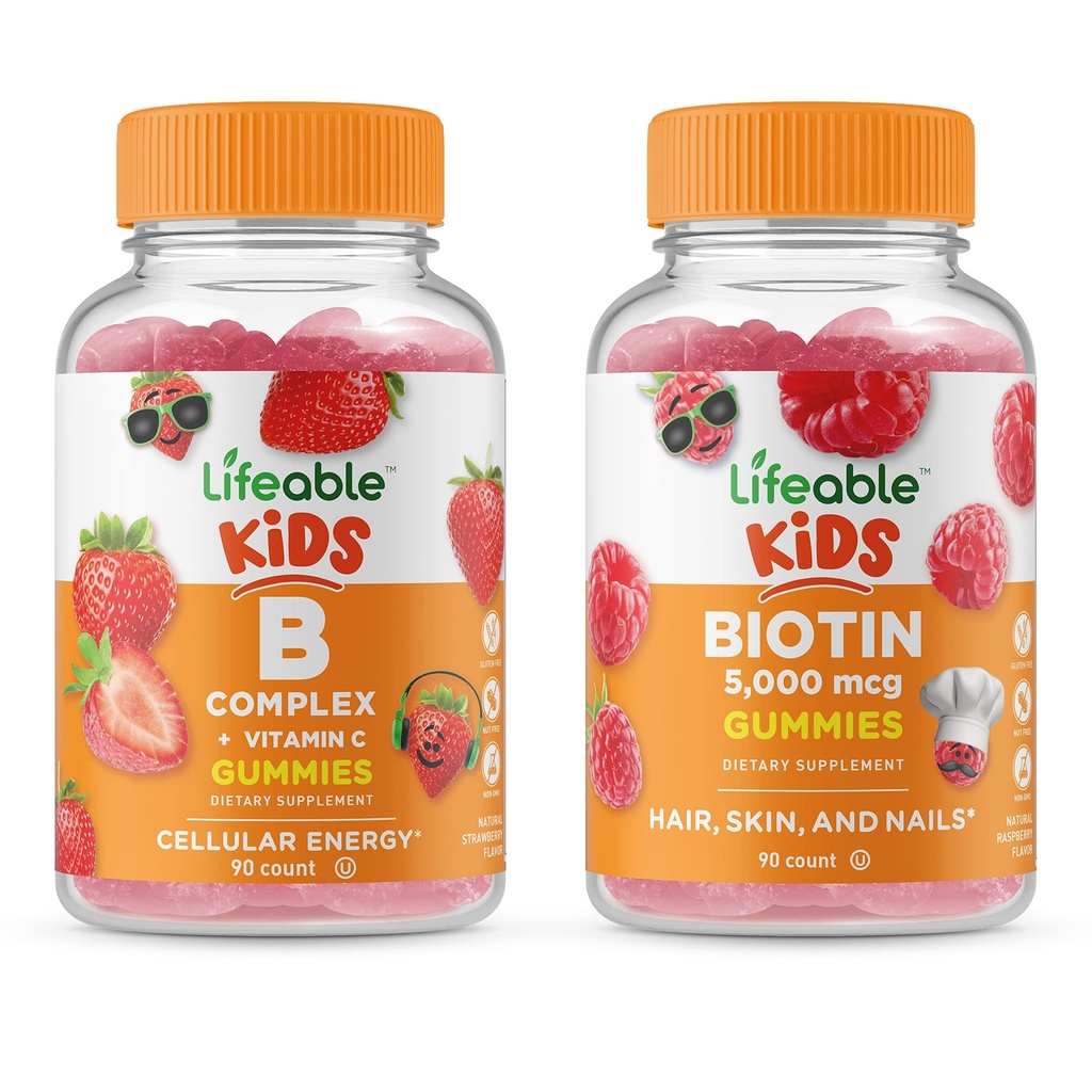 Lifeable B Complex Kids + Biotin Kids, Gummies Bundle - Great Tasting, Vitamin Suplement, Gluten Free, GMO Free, Chewable Gummy