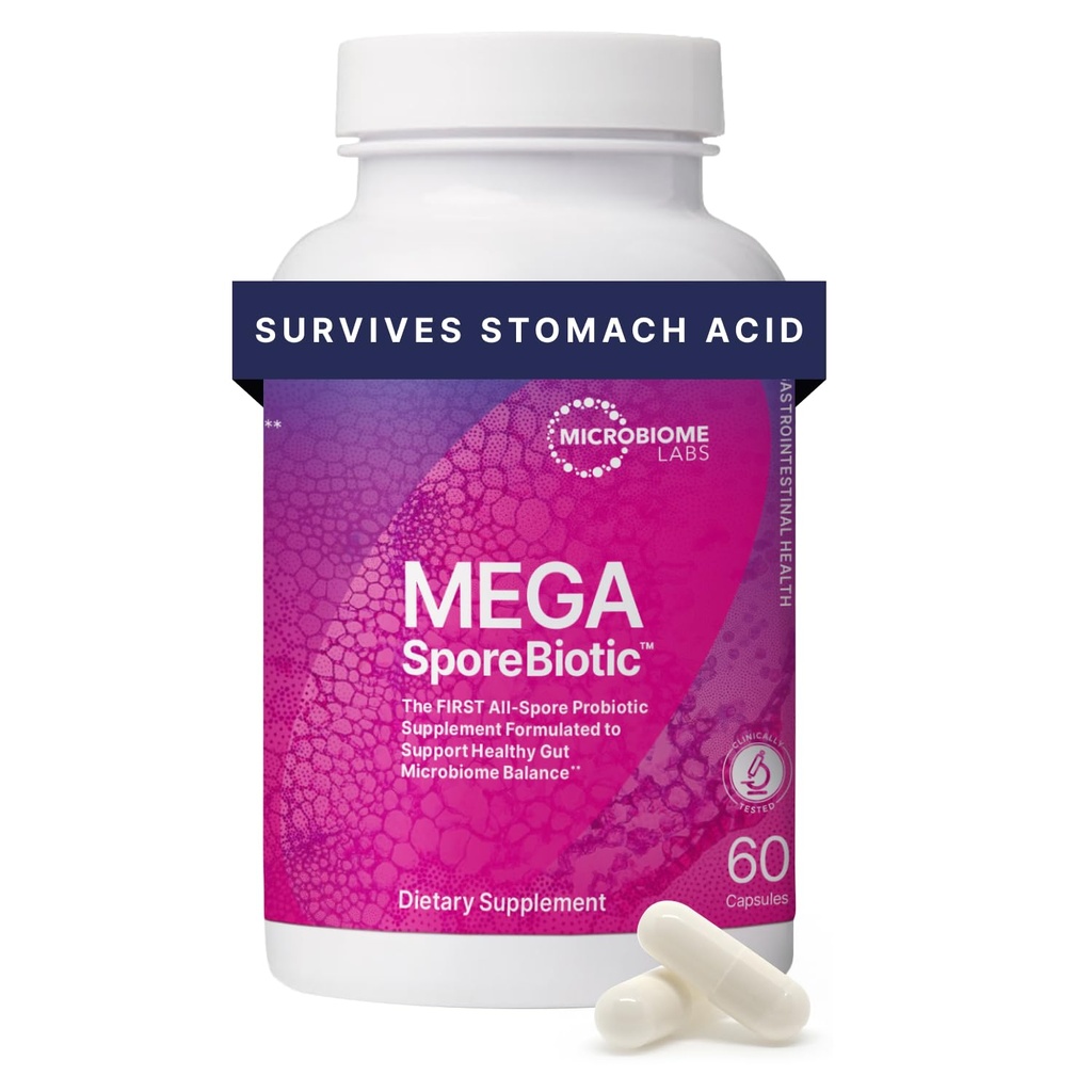 Mikrobiome Labs MegaSporeBiotic Progetic for Women & Men - Spore- Based Probiotic for Gut Health & Digetical Support - Shelf - Stable, Traveler - Friendly, Mens & Womens Progrance (60 Capsules)