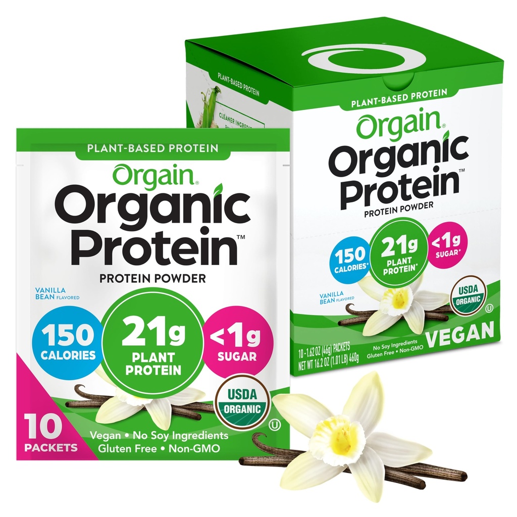 Orgain Vegan Powder, Vanilla Bean - Pembangkit Protein, 5g Prebiotic Fiber, Low Carb, No Laktosa Ingredials, No Added Sugar, Non-GMO, For Shakes & Smoothies, 10 Travel Pakes