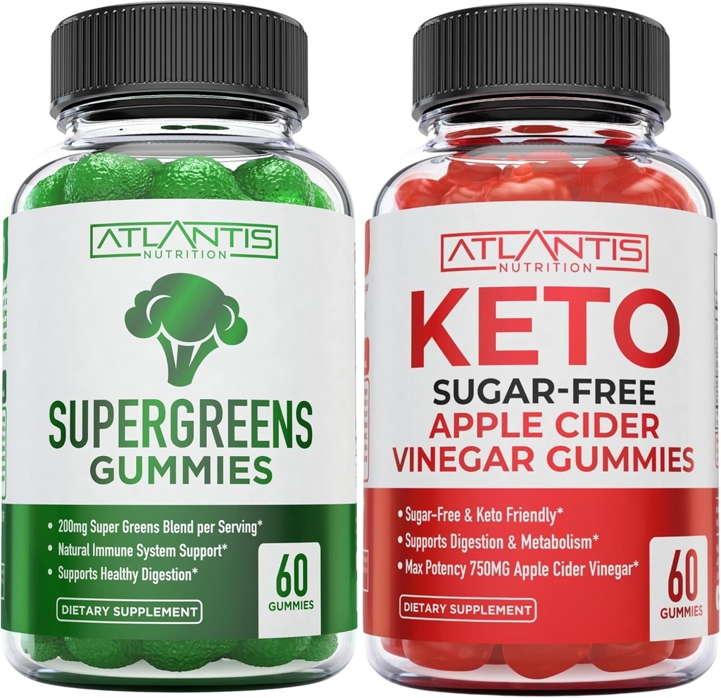 Atlantis Nutrition Supergreens 60 Gummies + Sugar Free Keto Apple Cider 60 Guinegar