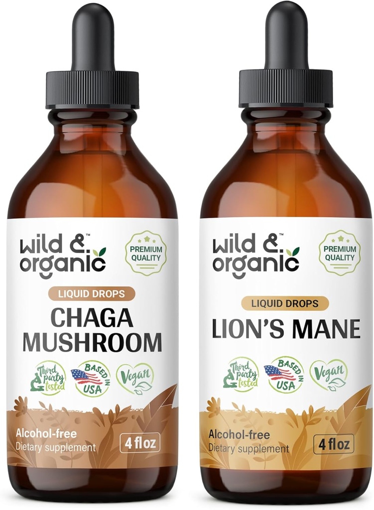 Wild & Organic Chaga Mushroom Ticture 4 fl oz & Lion 's Mane Mushroom Tincture 4 fl oz