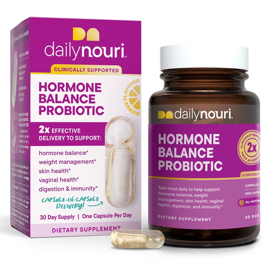 Daily Nouri Hormone Probiotic for Women Alagly 124; Supports Healthy Estrogen, PMS, PCOS, Perimenousase, Vaginal pH, Yeast, Gut Health, Skin & Imunity 124; 7 Strains + Vegan Omega Oil 1444- Day Suply