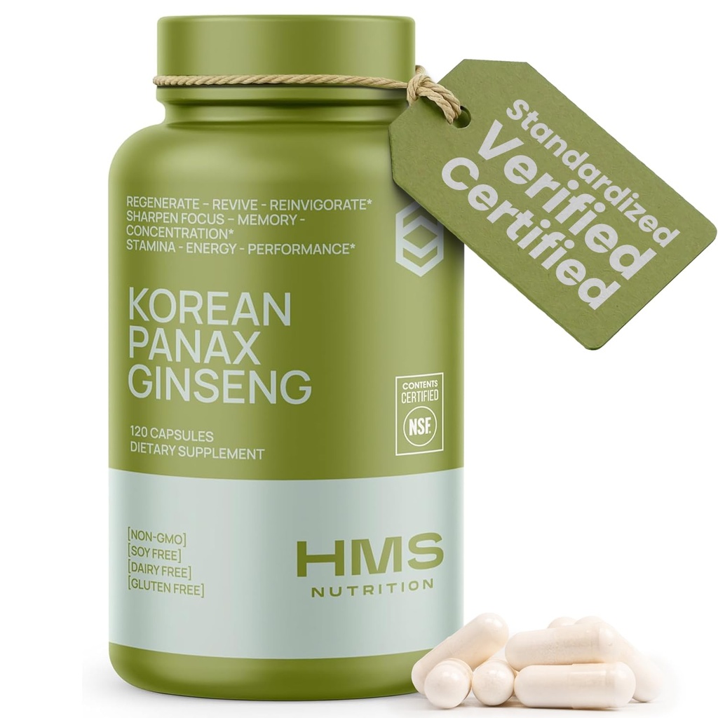 Red Panax Ginseng 2000mg 120 Vegan Capsules Super Power Extract NSF Suplemen bersertifikat, High Ginsenosides Support Energy, Stamina, Performance and Clarity