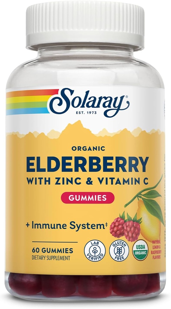 SOLARAY Organic Elderberry Gummies w / Zinc & Vitamin C 124; Healthy Ammune System Dua124; Gluten Free 124; 30 Serv, 60 Ct
