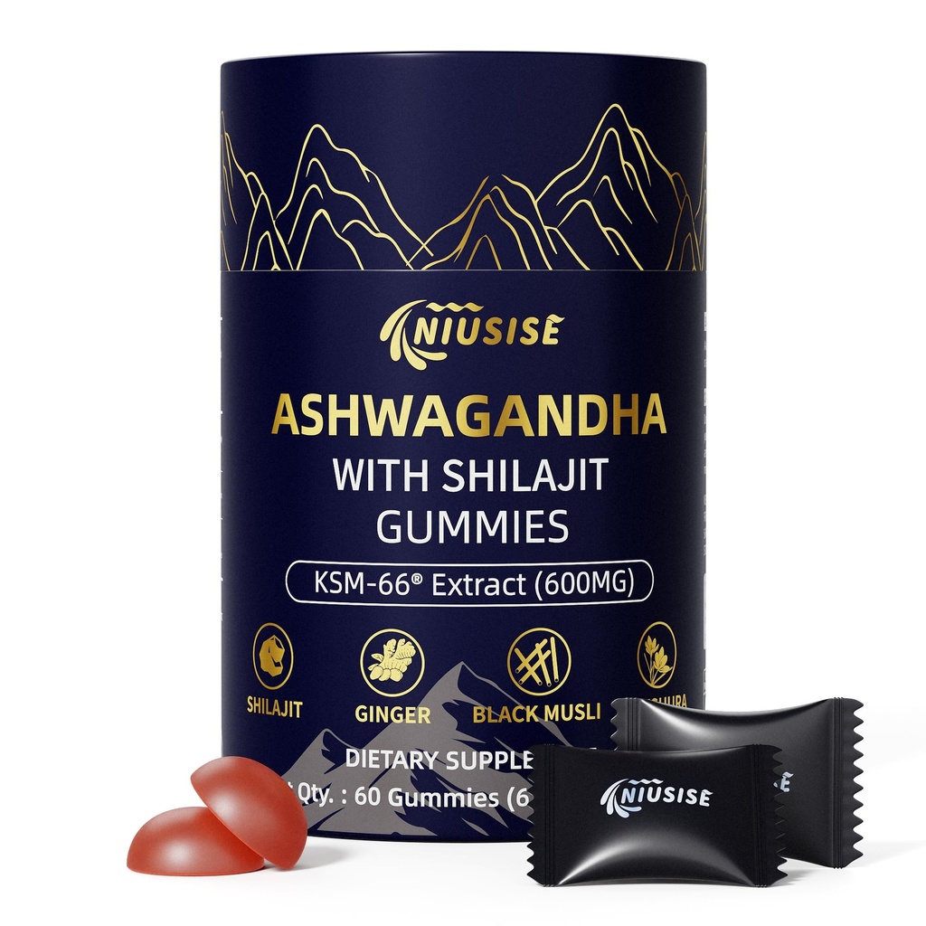 Ashwagandha Gummies with Shilajit 300mg for Women & Men, Zero Sugar ashwagandha Suplemen dengan Maca Root Powder 124; Organic Ashwagandha Extra Kekuatan untuk Energi 60 Gummies