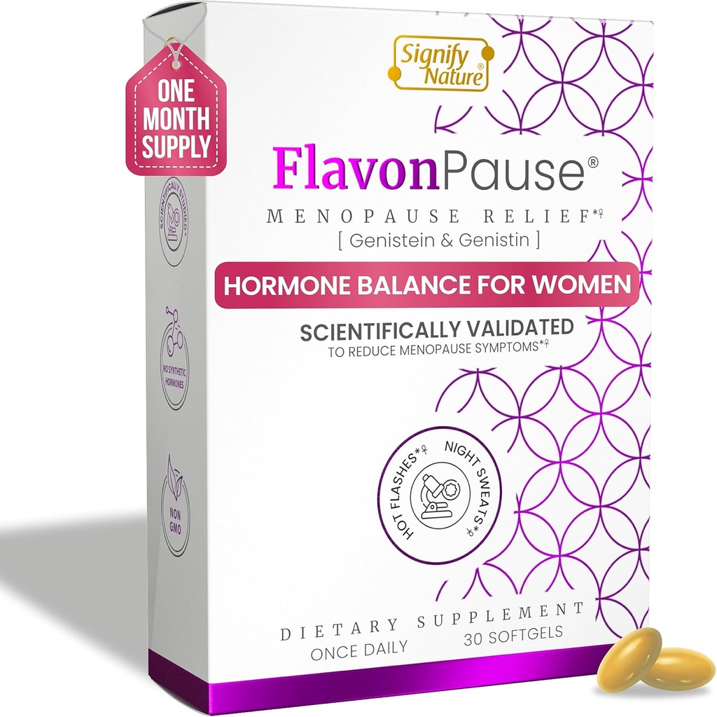 FlavonPause Hot Flashes Menopause Relief - KLINICALLY Diuji 124; Natural Hot Flash Relief, Night Sweats Relief, Skin Aging 124; Multi Menopause Symptom Relief 124; 30 Softgels