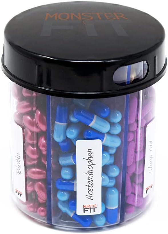 Monster Jr Supplement Pill Dispenser - Holds Small Medium Medication Vitamin dan Eassily Distense dari One Container Sertakan Label Kompartemen (1 Pack)