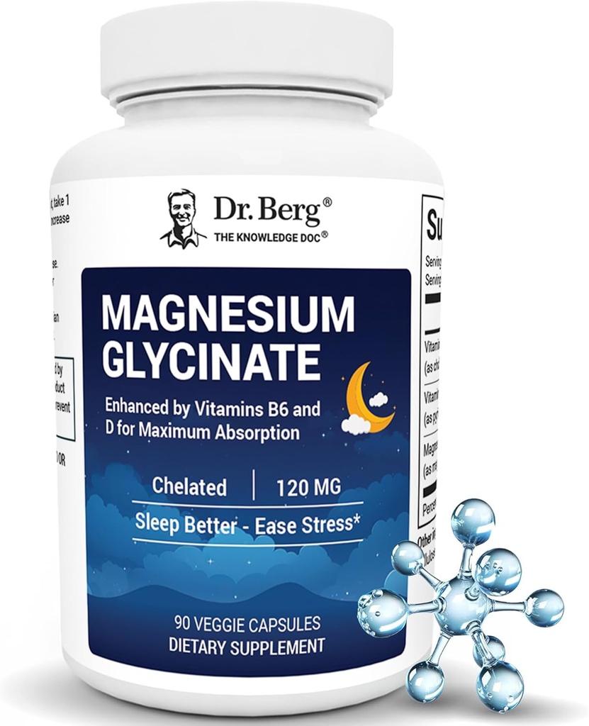 Dr. Berg Magnesium Glycinate dengan Vitamin D & B6 untuk Stress Relief, Tenang, Relaxation, & Good Sleep * - 120 mg Magnesium Bisglycinate Capsules - Absorpsi Tinggi Disated Glycinate - 90 Cap