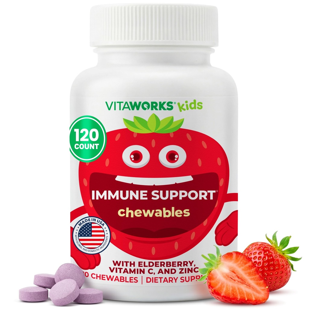 Anak-anak Elderberry Dengan Zinc dan Vitamin C - Imune Suppport Animation Chewable Tablet - Tasty Natural Mixed Berry Flavor - Vegan, Vegetarian, Gluten Free, Non-GMO, for Children, 120 Chewables