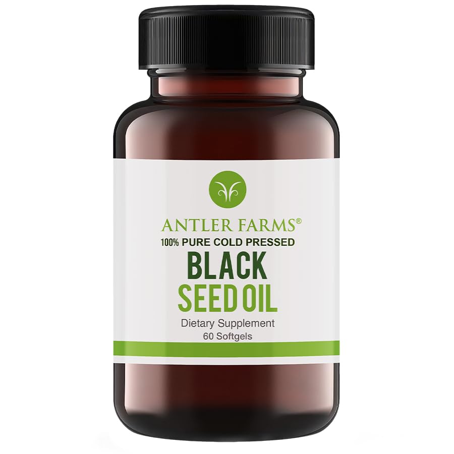Antler Farms - Black Seed Oil Softgel Capsules -100% Pure, Virgin, Cold- Menekan 60 Softgels, 500mg - 2% Thymoquinone, Turkish Black Cumin Nigella Sativa Oil