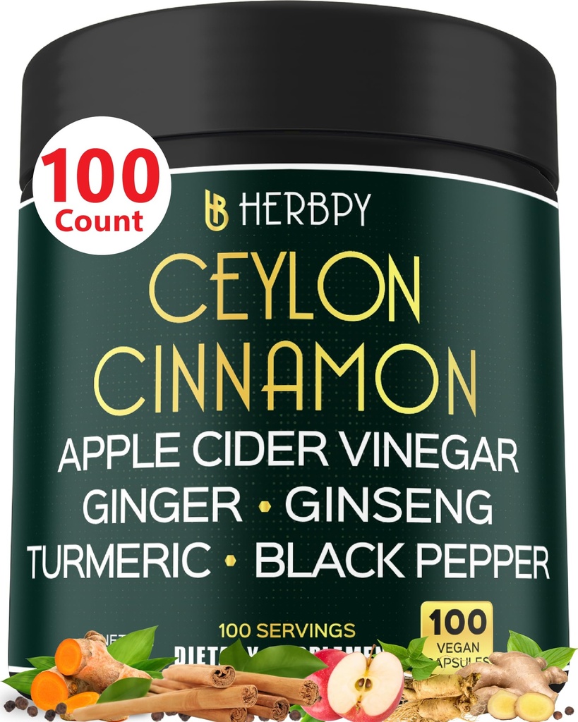 6in1 Premium Ceylon Cinnamon Supplement Plus Apple Cider Vinegar, Turmeric, Ginger, Ginseng - Weight Management, Ditraffic - 100 Vegan Capsules