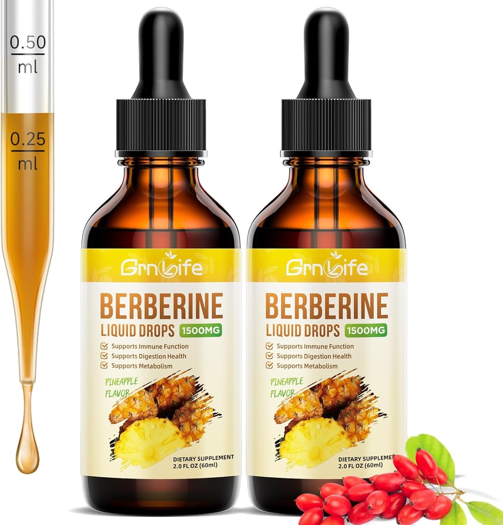 (2 Kemasan) Suplemen Berbersine, 1500mg Cairan Berberin Organik Drops dengan Cinnamon Ceylon, Bitter Melon - Supports Imune dan Metabolisme, Vegan, Pineapple Flavor-2 FL Oz